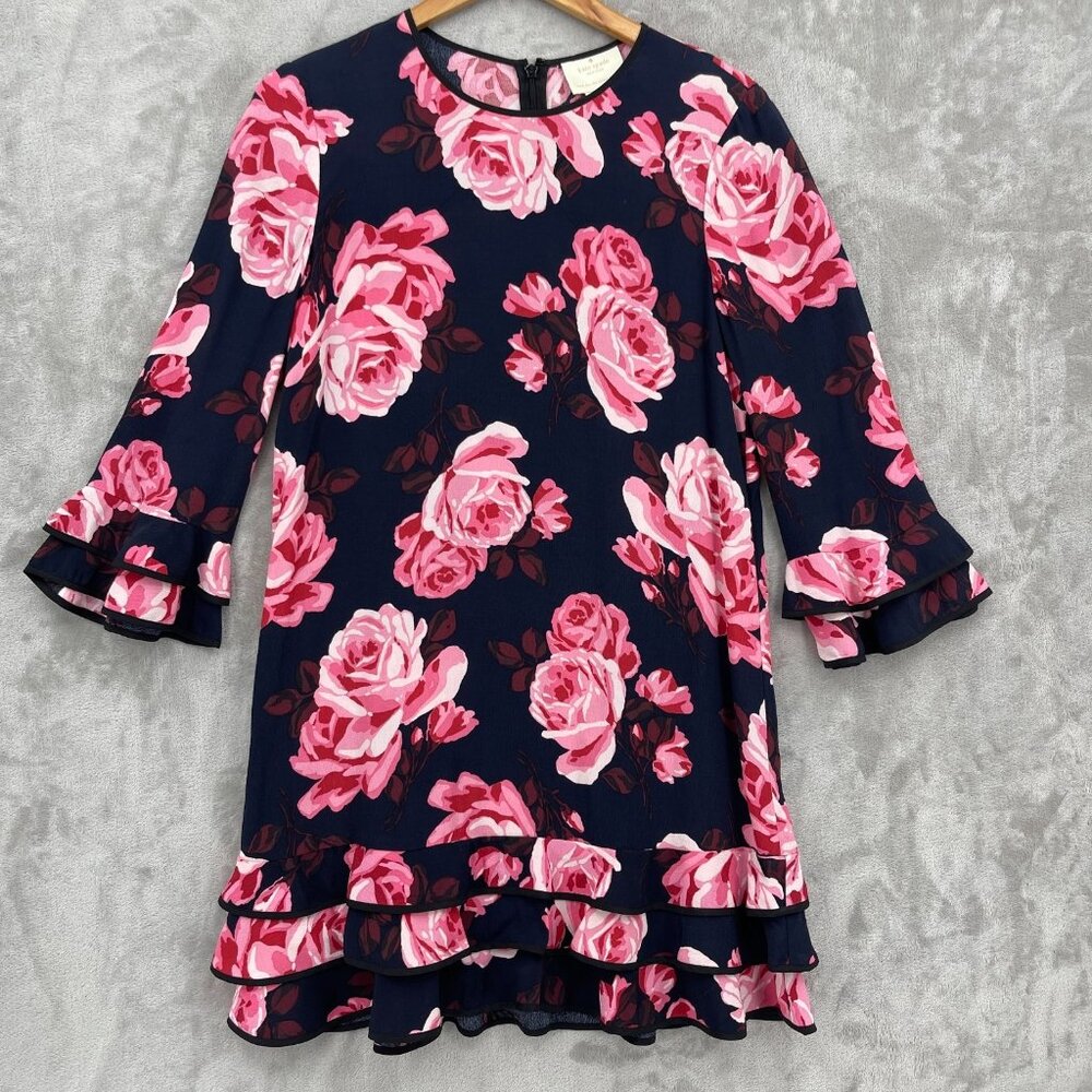 Kate Spade Rosa Dress 3/4 Sleeve Ruffle Tiered Rose Print Shift Dress - Picture 1 of 14